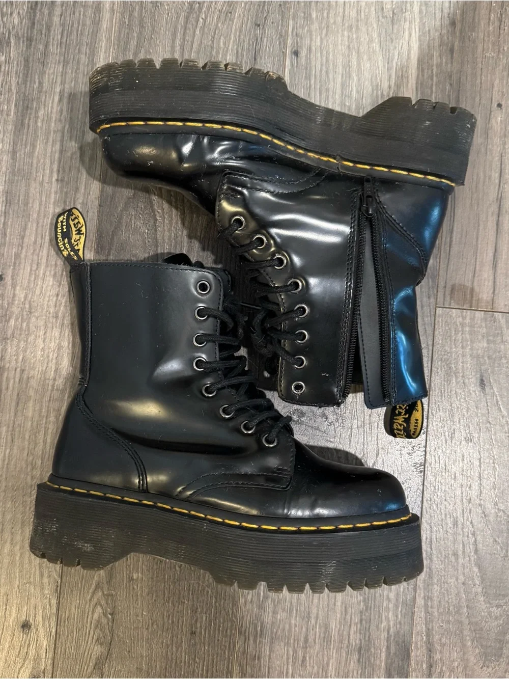 Dr. Martens Black Platform Combat Boots with Yellow Stitching